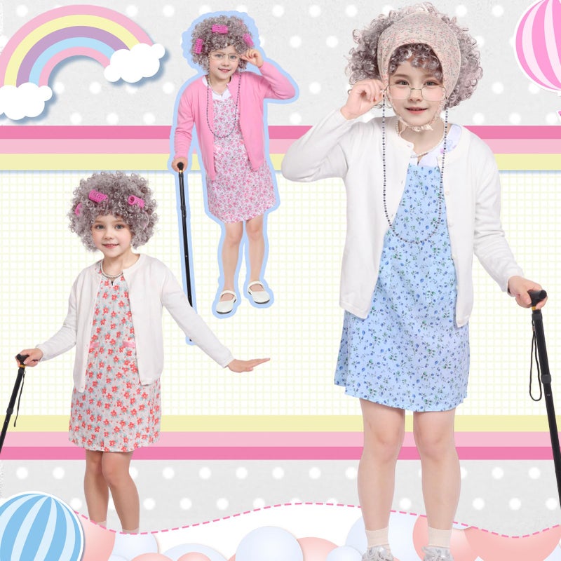 Kicpot Old Lady Costume for Kids Girls 100 Days Of School Costume Grandma Costume Granny Old Lady Dress Up (Blue  5-7Y) - Image 5